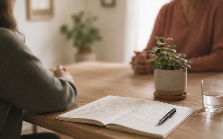 Nutricionista e paciente conversando à mesa, com um caderno de anotações aberto