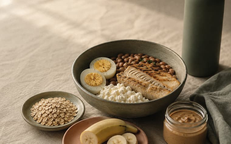 Tigela com peixe grelhado, ovos cozidos, feijão e queijo fresco, ao lado de aveia, banana e pasta de amendoim