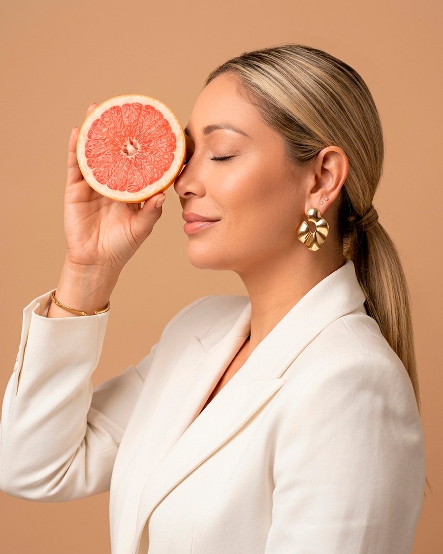 Patrícia Almeida, nutricionista, segurando uma toranja